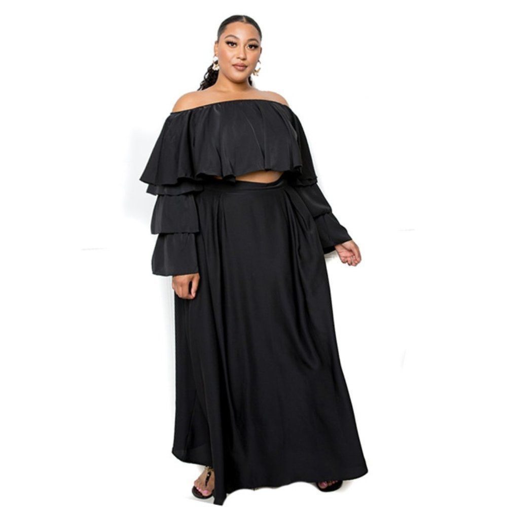 Soleil & Skye Black Two Piece Crop Top & Maxi Skirt Set 1X-3X NEW WITH T…